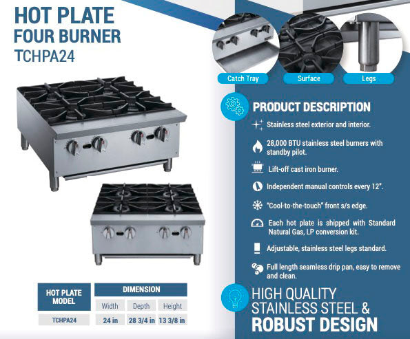 Chef AAA - TCHPA24, Commercial 24" Hot Plate with 4 Burners NG
