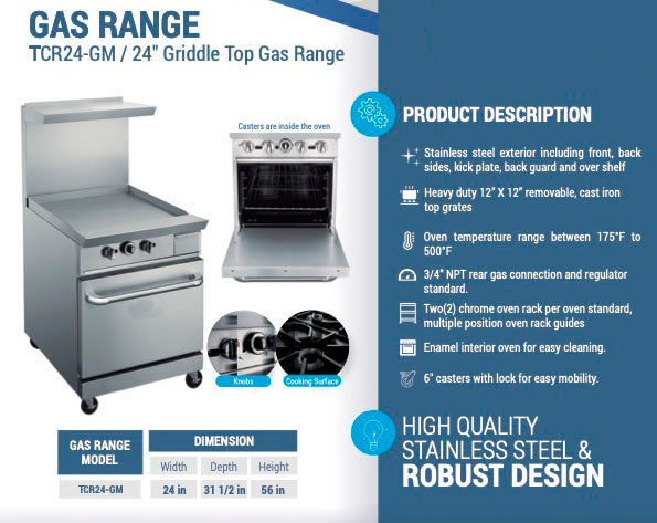 Chef AAA - TCR24-GM, Commercial 24" Oven Range 24" Griddle Natural Gas
