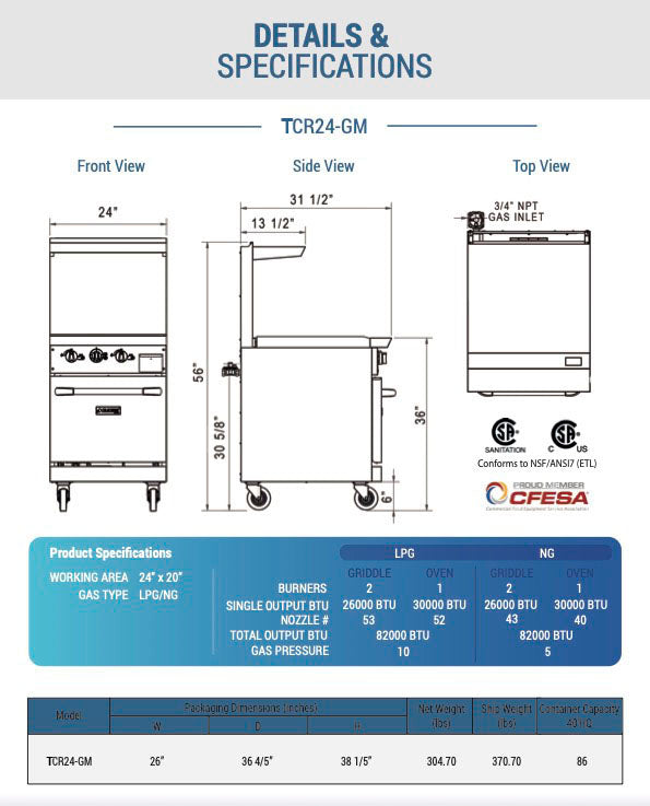 Chef AAA - TCR24-GM, Commercial 24" Oven Range 24" Griddle Natural Gas