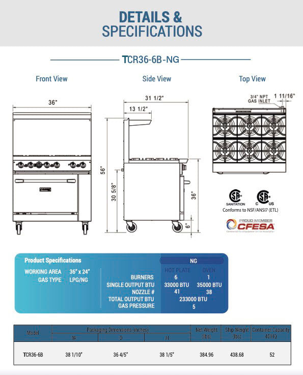 Chef AAA - TCR36-6B-NG, Commercial 36" Oven Range Six Open Burner Natural Gas