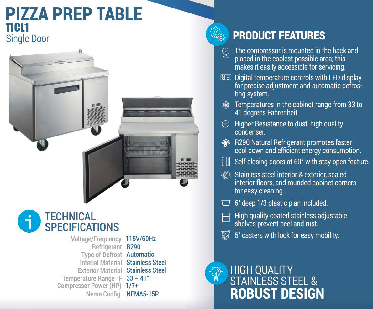 Chef AAA - TICL1-HC, 44" Commercial Sandwich Prep Table Refrigerator 6 Pans 1 Door Stainless Steel 9.8 cu.ft.