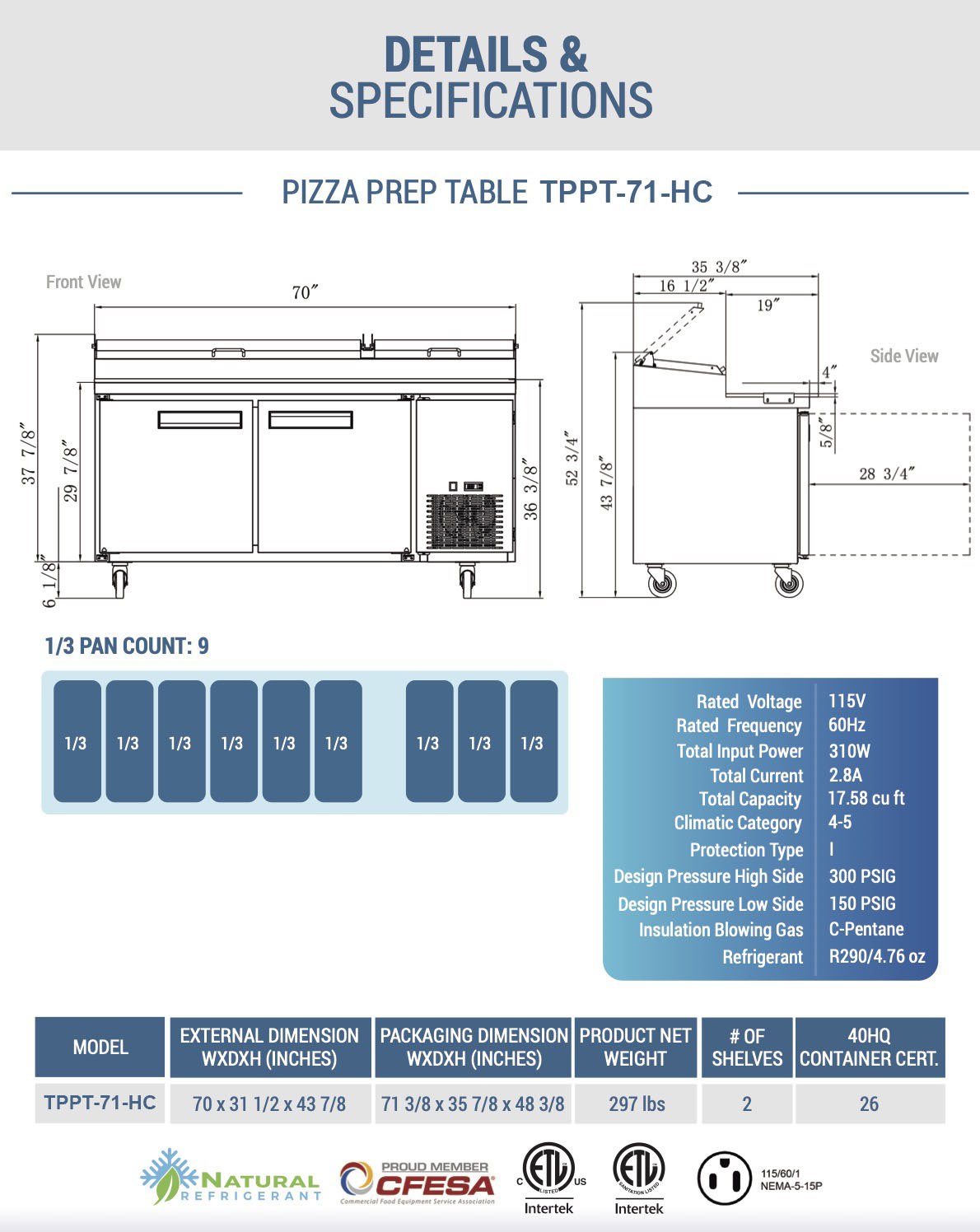Chef AAA - TPPT-71-HC, Commercial 70" Pizza Prep Table Refrigerator 9 Pans 2 Door Stainless Steel 17.5 cu.ft.