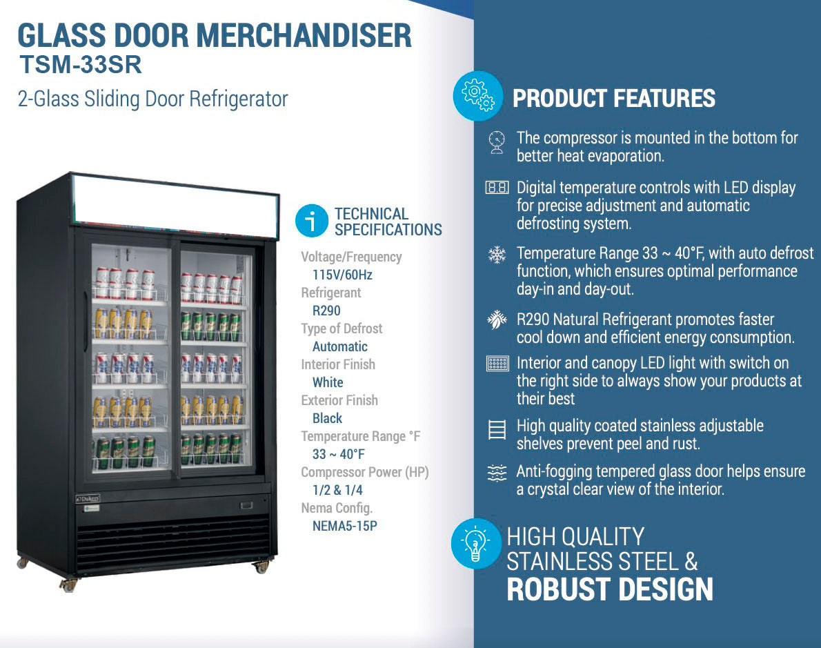Chef AAA - TSM-33SR, Commercial 39" 2 Glass Door Merchandiser Refrigerator 33.2 cu.ft NSF