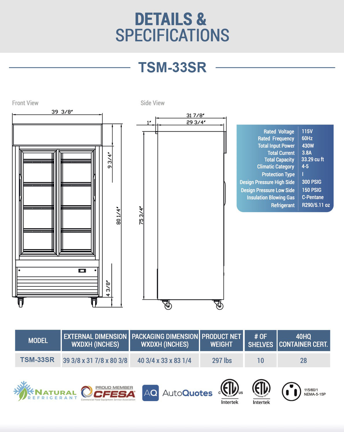 Chef AAA - TSM-33SR, Commercial 39" 2 Glass Door Merchandiser Refrigerator 33.2 cu.ft NSF