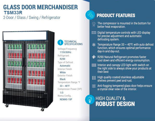 Chef AAA - TSM33R, Commercial 39" 2 Glass Door Merchandiser Refrigerator 33.5 cu.ft.