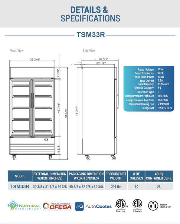 Chef AAA - TSM33R, Commercial 39" 2 Glass Door Merchandiser Refrigerator 33.5 cu.ft.