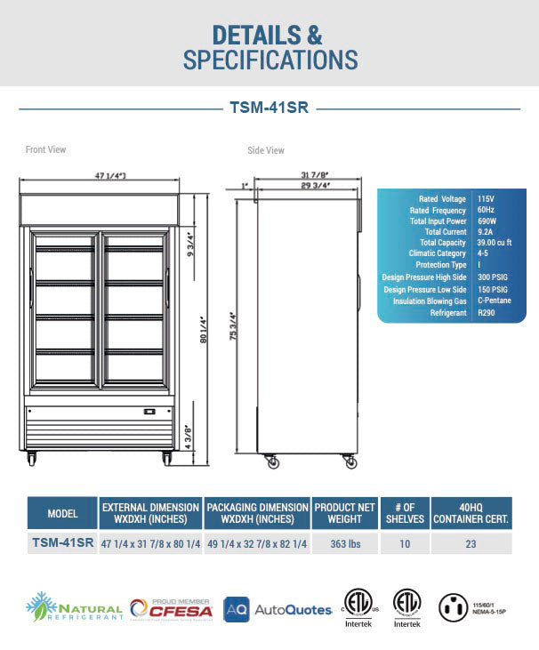 Chef AAA - TSM-41SR, Commercial 47" 2 Glass Door Merchandiser Refrigerator 39cu.ft NSF