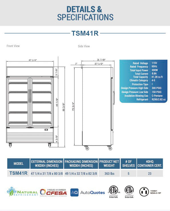Chef AAA - TSM41R, Commercial 47" 2 Swing Door Merchandiser Refrigerator 41.2 cu. ft.