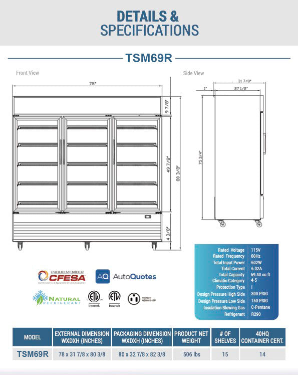 Chef AAA - TSM69R, Commercial 78" 3 Glass Door Refrigerator 69.43 cu.ft.