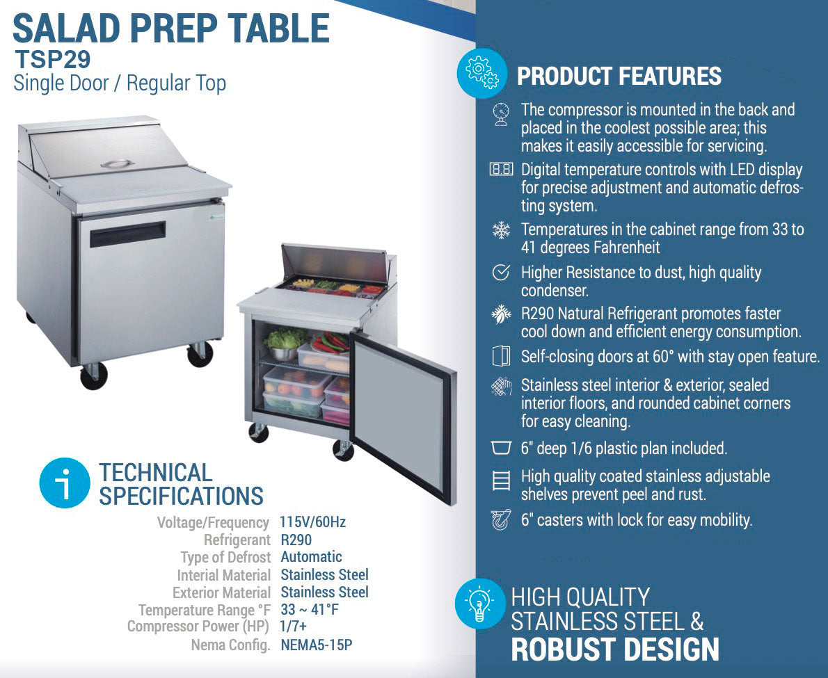 Chef AAA - TSP29, Commercial 29" 8 Pan Salad Sandwich Food Prep Table Refrigerator 6.5cu.ft. NSF