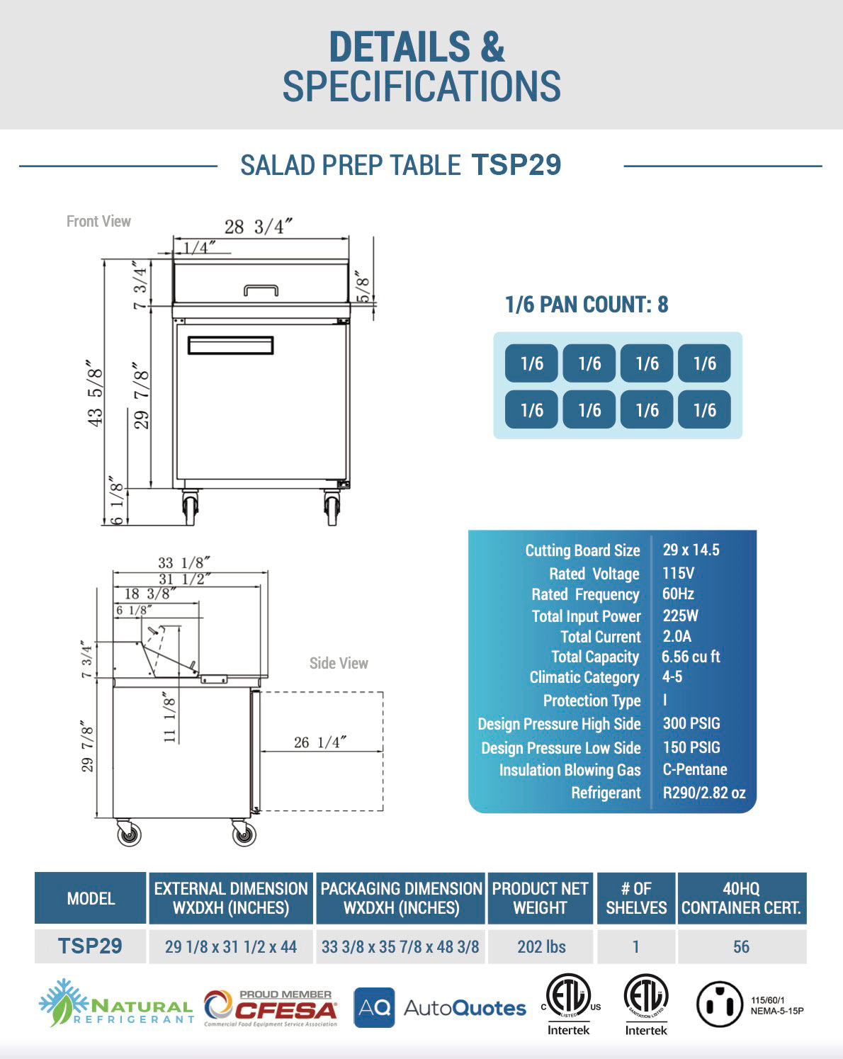 Chef AAA - TSP29, Commercial 29" 8 Pan Salad Sandwich Food Prep Table Refrigerator 6.5cu.ft. NSF
