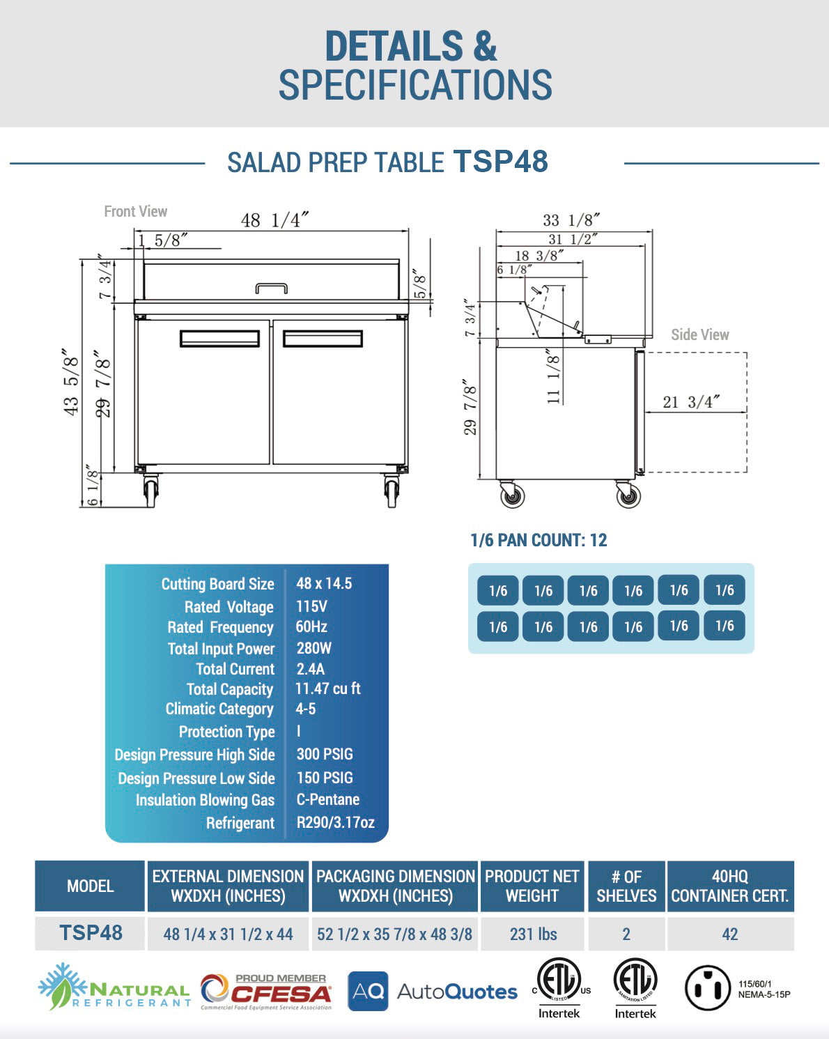 Chef AAA - TSP48, Commercial 48" 12 Pan Salad Sandwich Food Prep Table Refrigerator 11.4cu.ft.