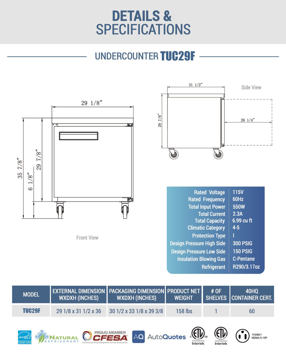 Chef AAA - TUC29F, Commercial 30" Undercounter Worktop Freezer 7 cu.ft NSF