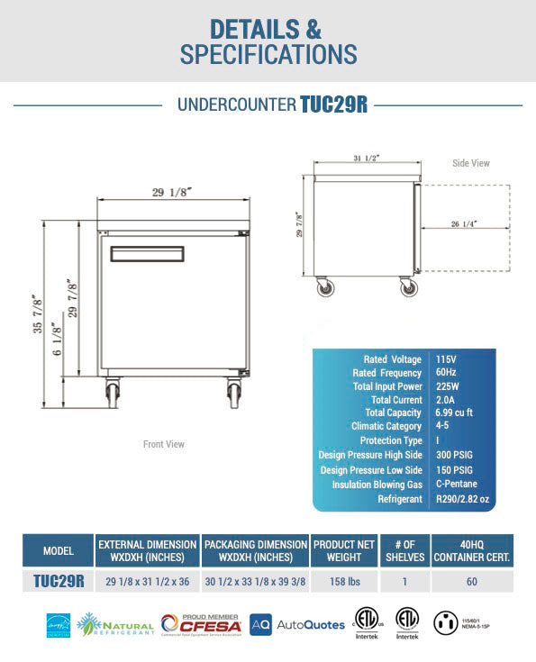 Chef AAA - TUC29R, Commercial 29" Undercounter Worktop Refrigerator 7 cu.ft. NSF