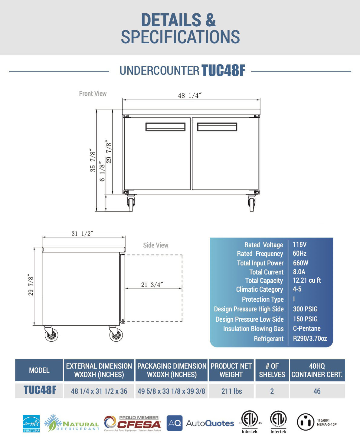 Chef AAA - TUC48F, Commercial 48" Undercounter Worktop Freezer 12.2cu.ft. NSF