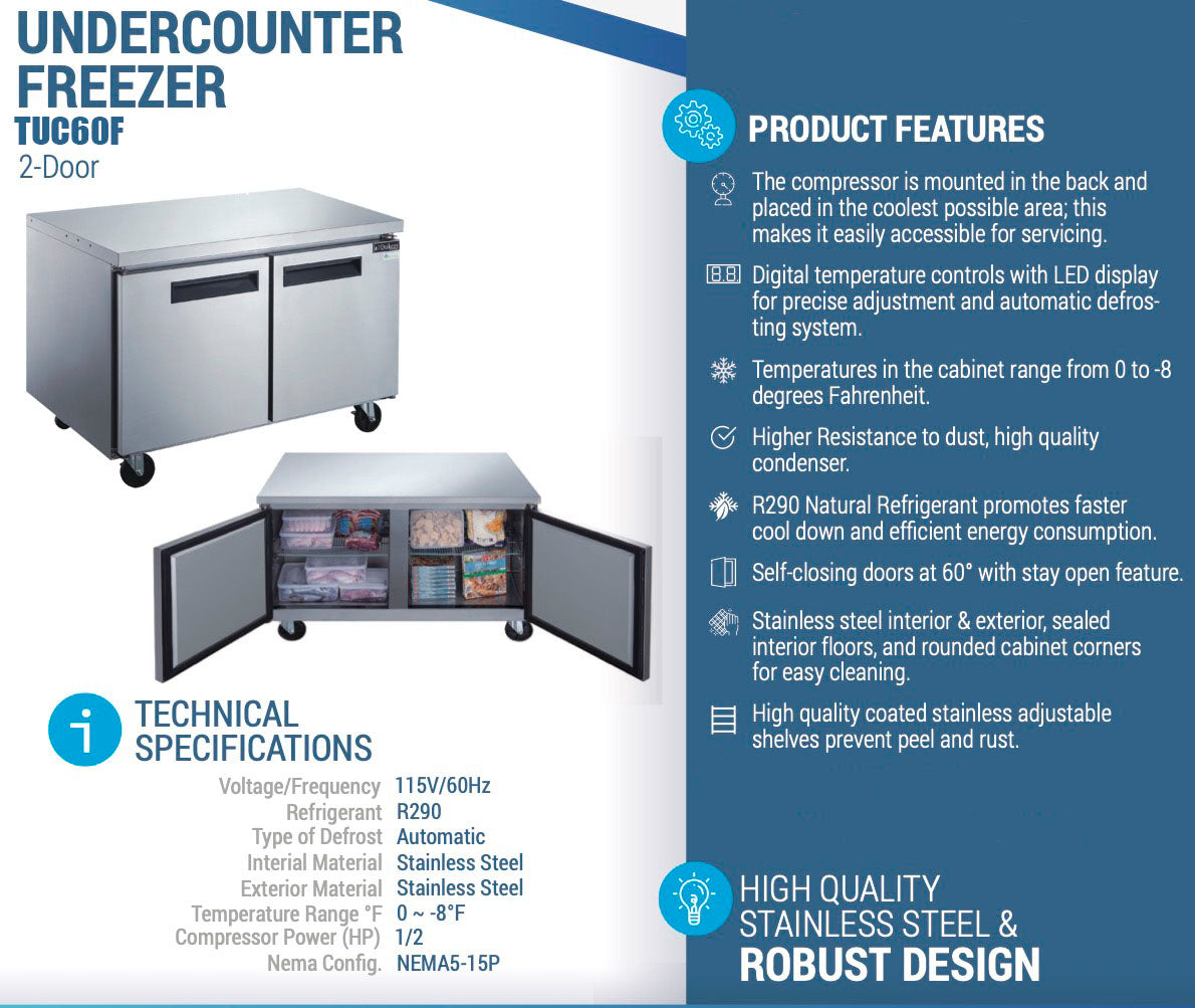 Chef AAA - TUC60F, Commercial 60" Undercounter Worktop Freezer 15.5cu.ft NSF