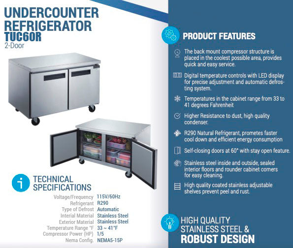 Chef AAA -TUC60R, Commercial 60" Undercounter Worktop Refrigerator 15.5cu.ft NSF