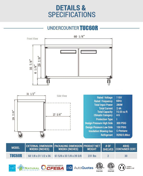 Chef AAA -TUC60R, Commercial 60" Undercounter Worktop Refrigerator 15.5cu.ft NSF