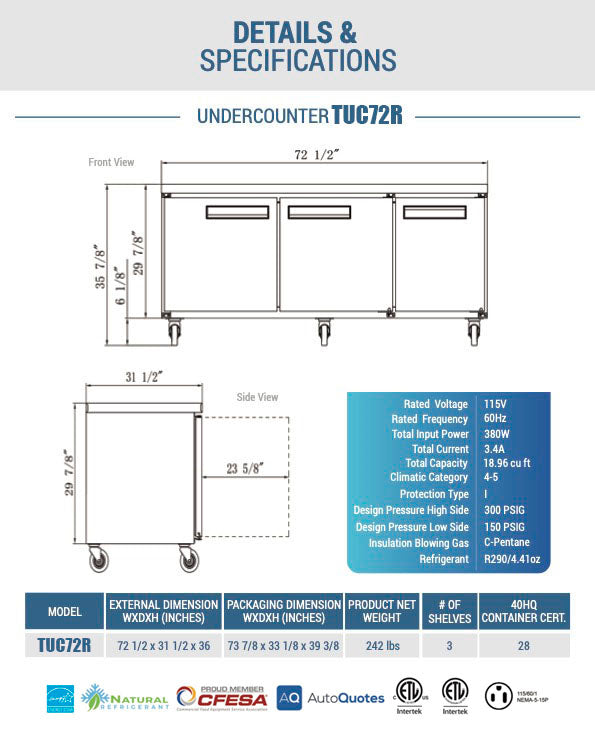 Chef AAA - TUC72R, Commercial 72" Undercounter Worktop Refrigerator 18.9cu.ft. NSF