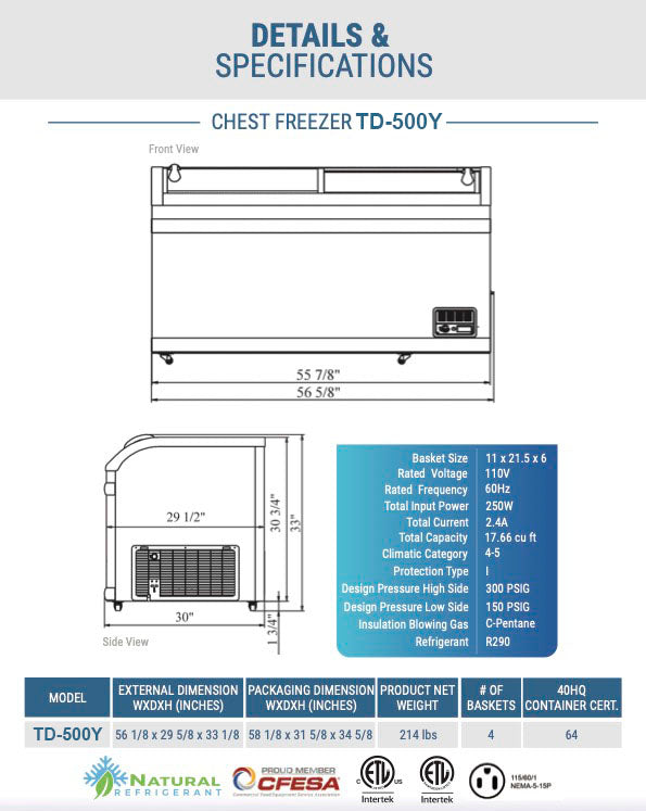 Chef AAA - TD-500Y, Commercial 56" Glass Door Frozen Food or Ice Cream Chest Freezer Display