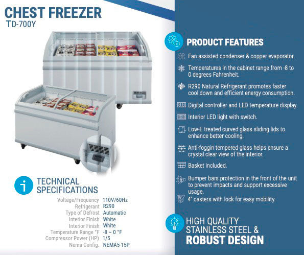 Chef AAA - TD-700Y, Commercial 79" Glass Door Frozen Food or Ice Cream Chest Freezer Display