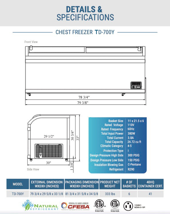 Chef AAA - TD-700Y, Commercial 79" Glass Door Frozen Food or Ice Cream Chest Freezer Display