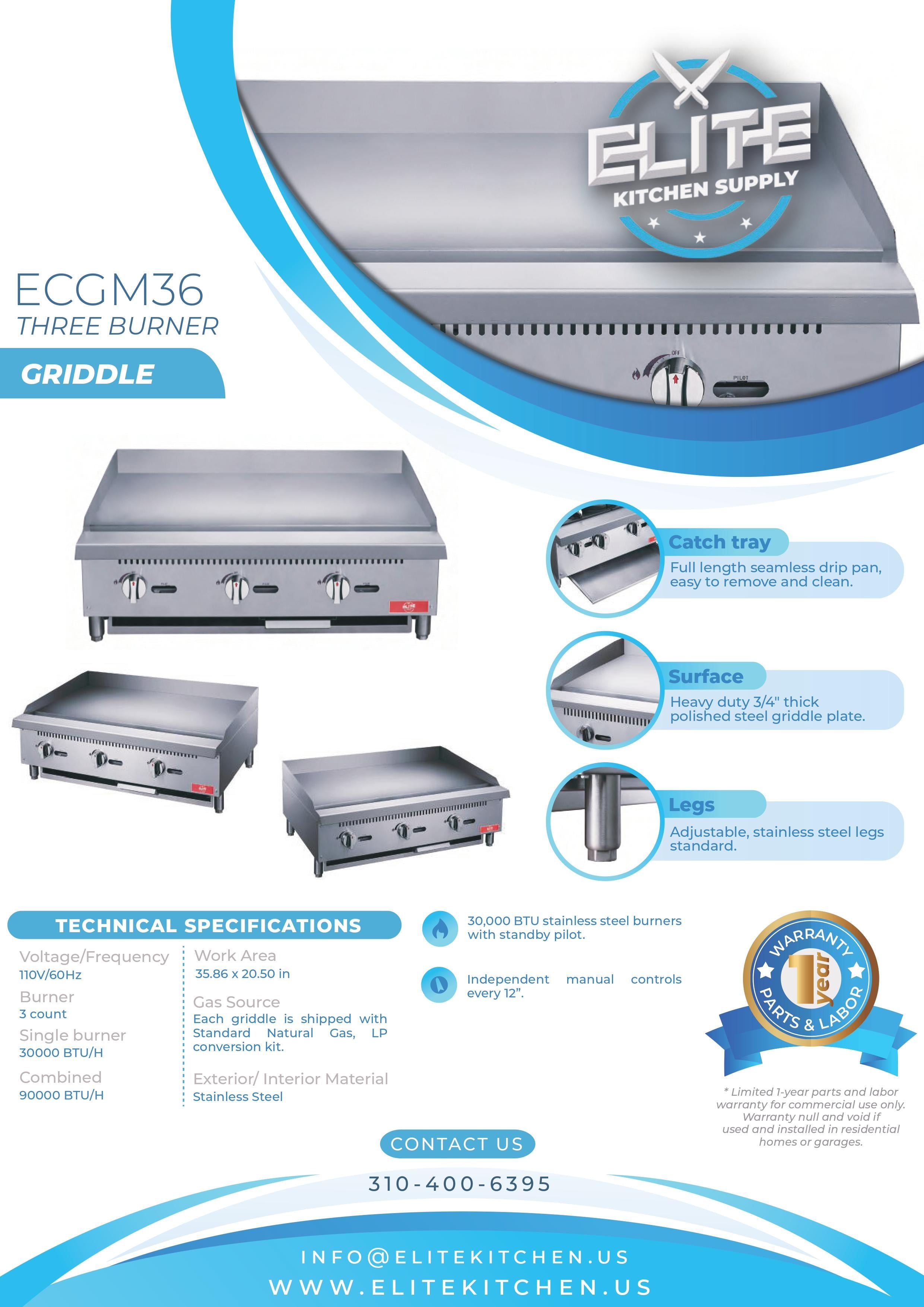 ECGM36 36 in. 3-Burner Commercial Griddle
