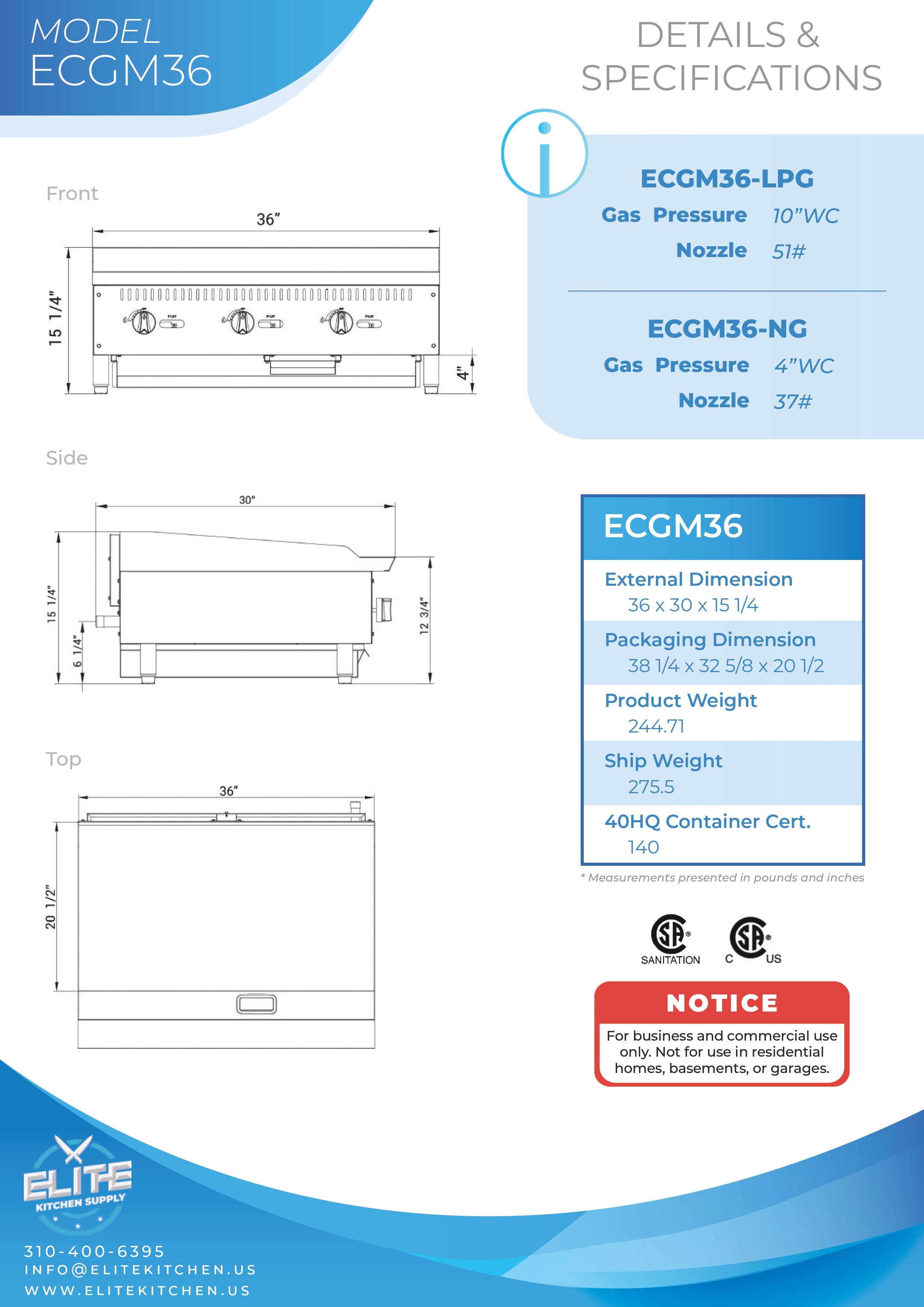 ECGM36 36 in. 3-Burner Commercial Griddle