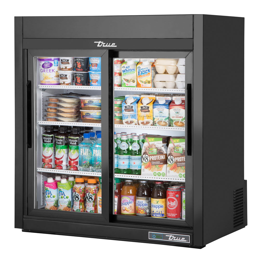 True GDM-09-SQ-HC-LD 36" Countertop Refrigerator w/ Front Access - Sliding Doors, Black, 115v