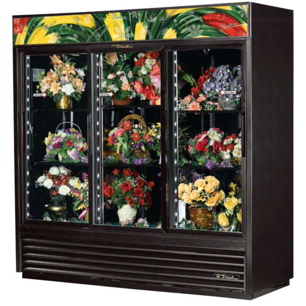 True GDM-69FC-HC-LD 3 Section Floral Cooler w/ Sliding Door - Black, 115v