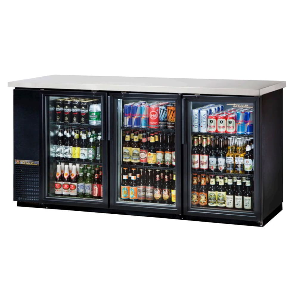 True TBB-24-72G-HC-LD 73 1/8" Bar Refrigerator - 3 Swinging Glass Doors, Black, 115v