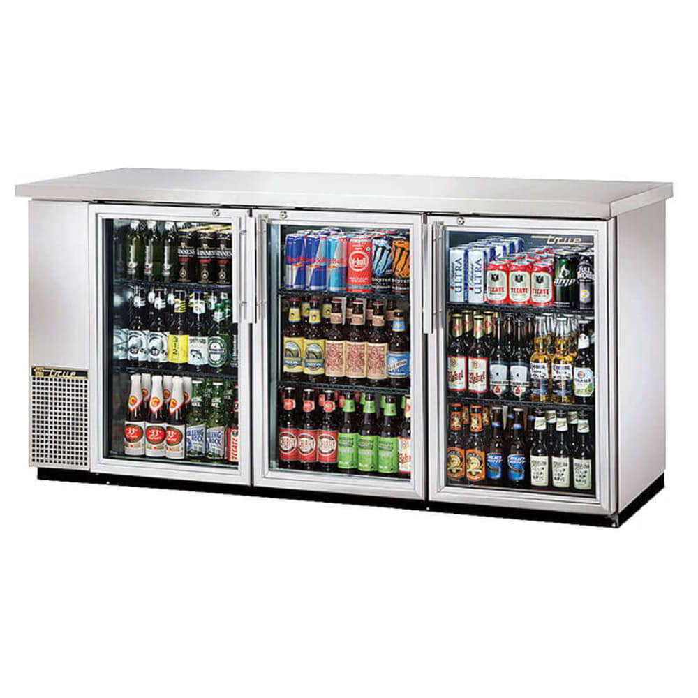 True TBB-24-72G-S-HC-LD 73 1/8" Bar Refrigerator - 3 Swinging Glass Doors, Stainless, 115v