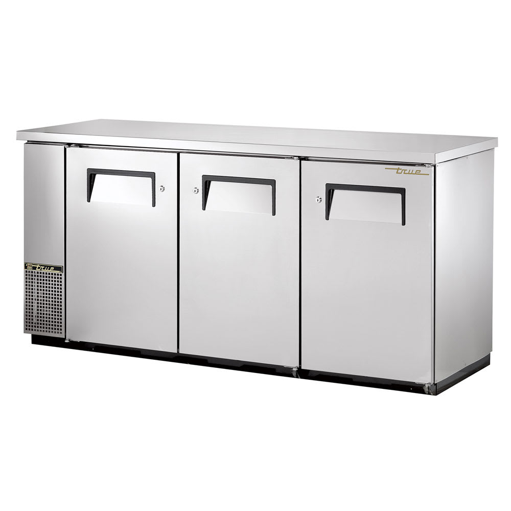 True TBB-24-72-S-HC 73 1/8" Bar Refrigerator - 3 Swinging Solid Doors, Stainless, 115v