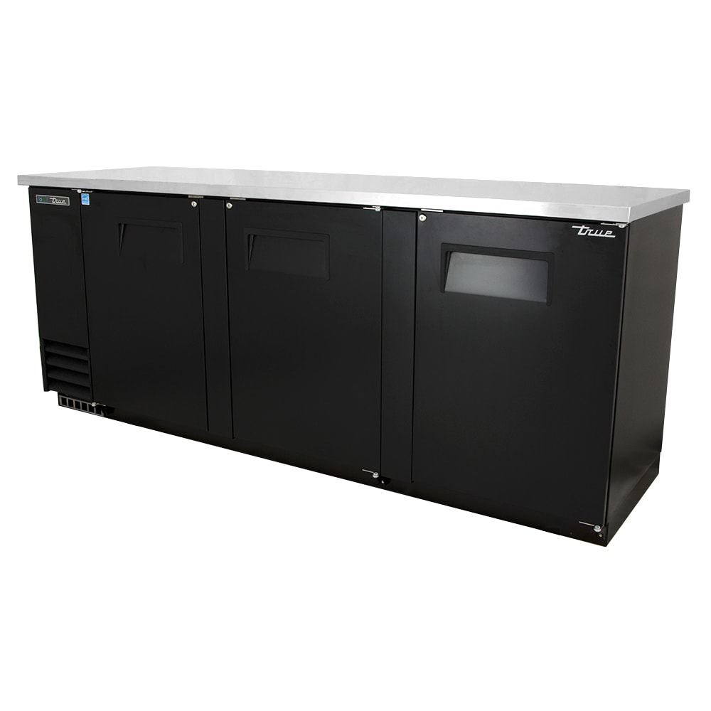 True TBB-4-HC 90 3/8" Bar Refrigerator - 3 Swinging Solid Doors, Black, 115v