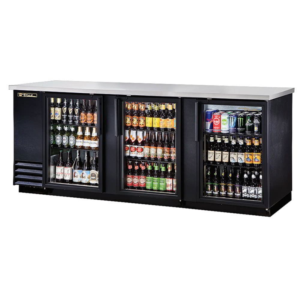 True TBB-4G-HC-LD 90 3/8" Bar Refrigerator - 3 Swinging Glass Doors, Black, 115v