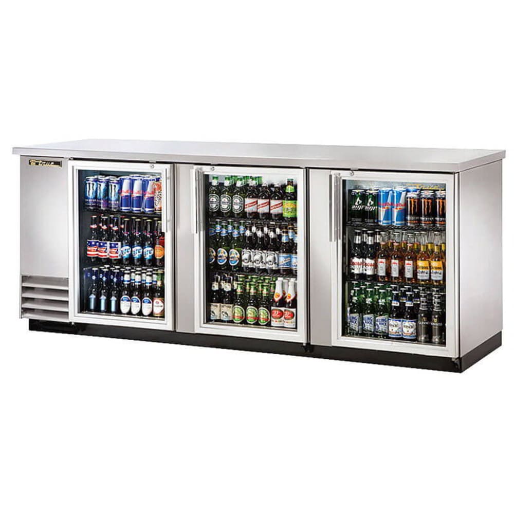 True TBB-4G-S-HC-LD 90" Bar Refrigerator - 3 Swinging Glass Doors, Stainless, 115v