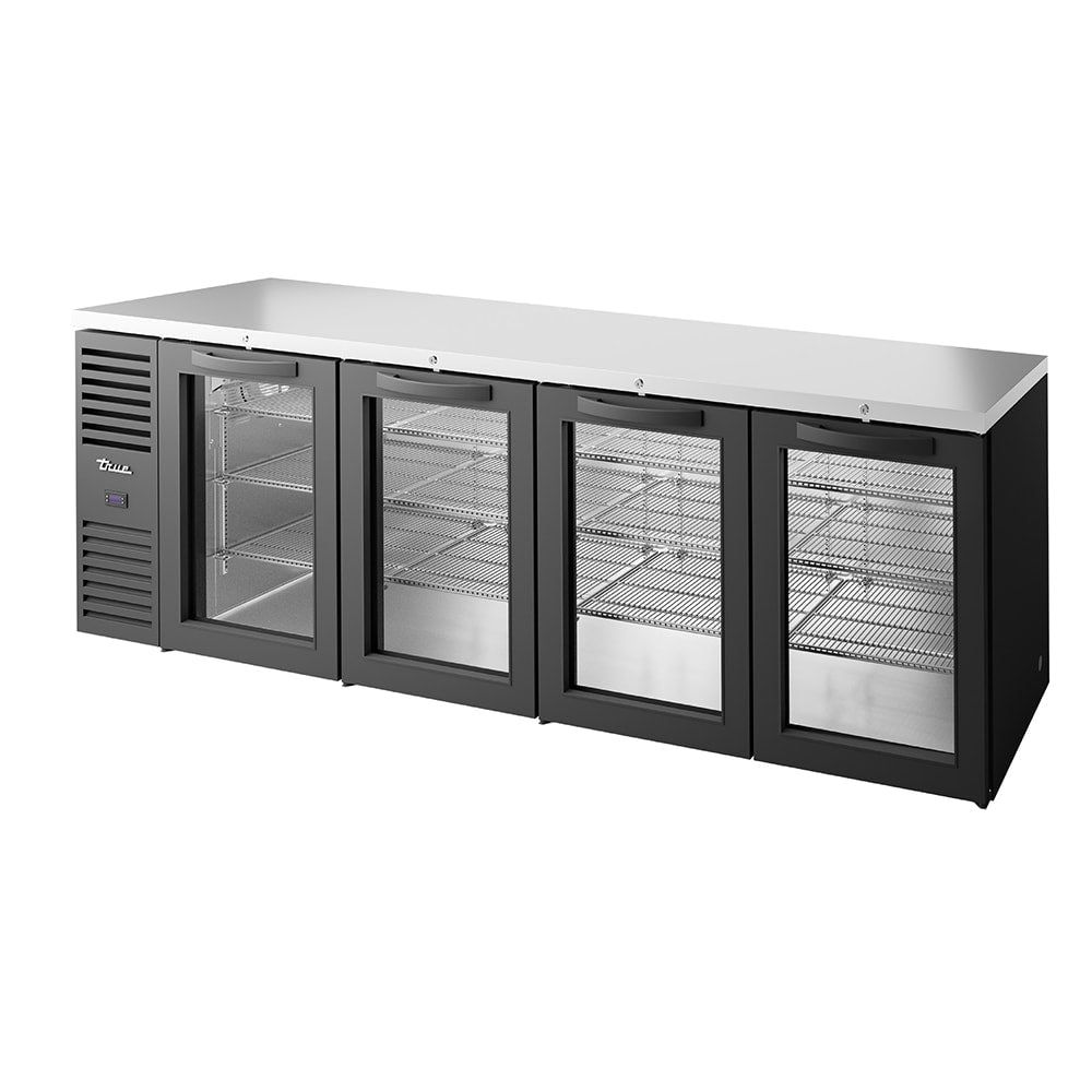 True TBR108-RISZ1-L-B-GGGG-1 108" Bar Refrigerator - 4 Swinging Glass Doors, Black, 115v