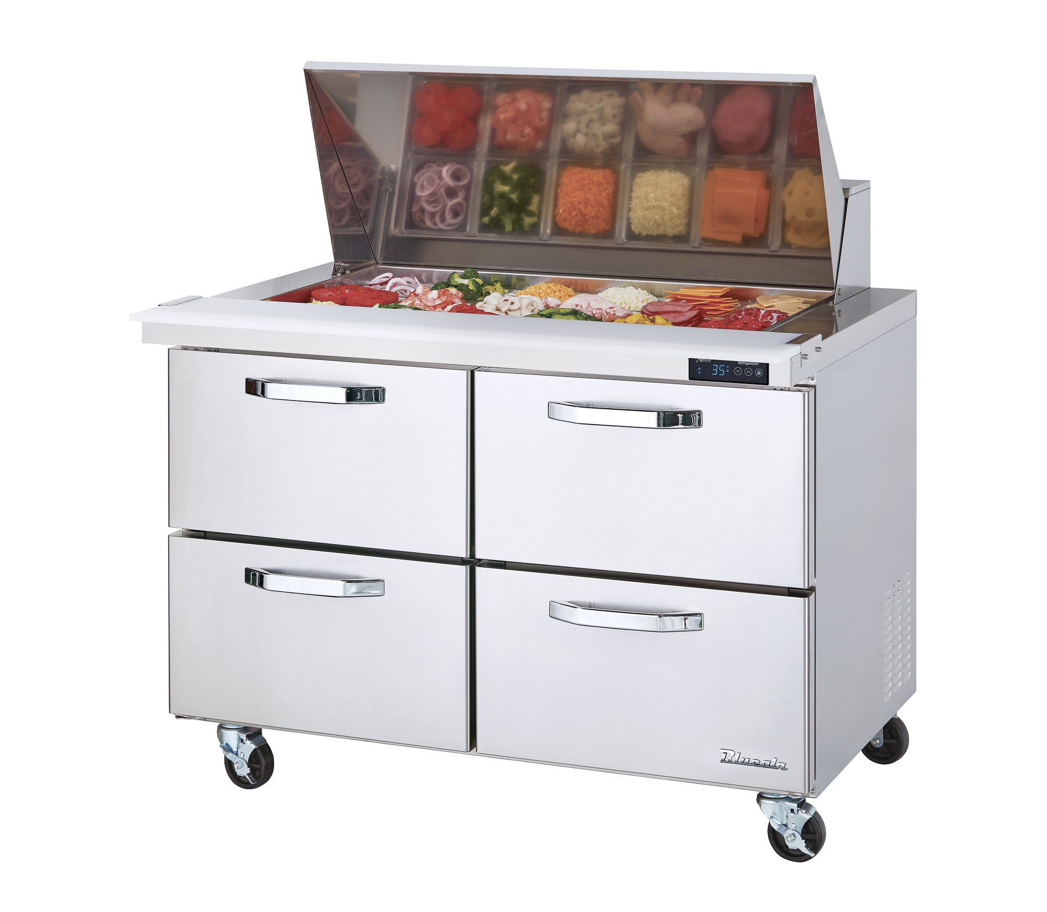 Blue Air - BLMT48-D4-HC, 4 Drawers All Stainless Prep. Table with (18) 1/6 Pans - 48" wide, 13 cu/ft., R-290 Refrigerant