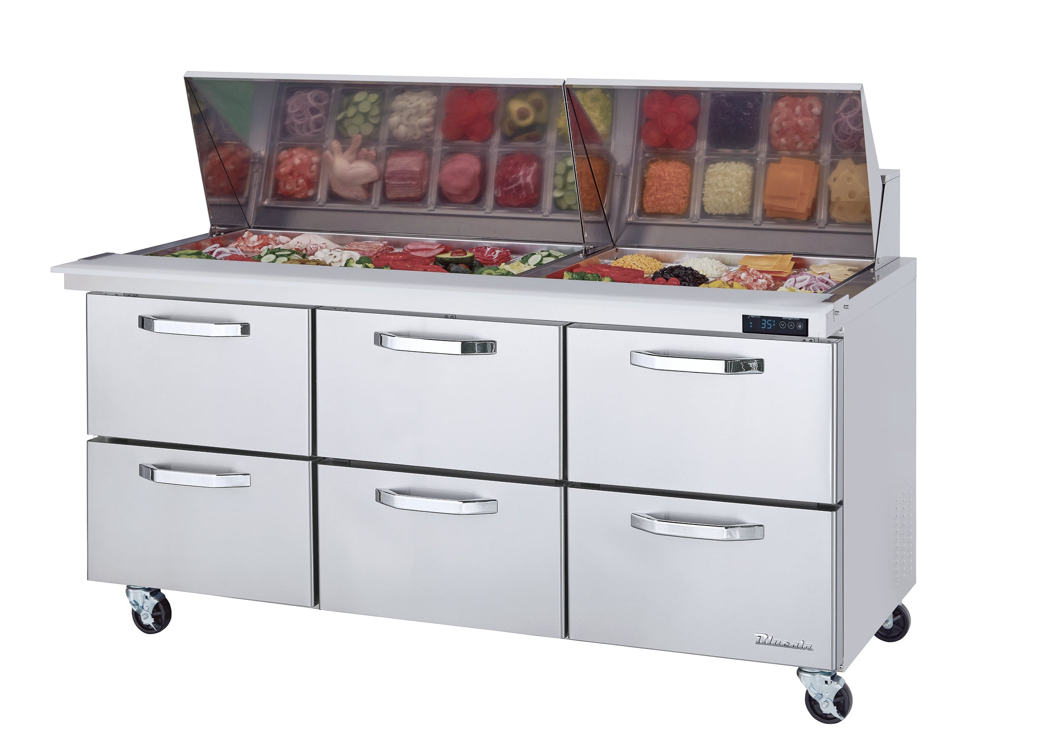 Blue Air - BLMT72-D6-HC, 6 Drawers All Stainless Prep Table with (30) 1/6 Pans - 72" wide, 20 cu/ft, R-290 Refrigerant