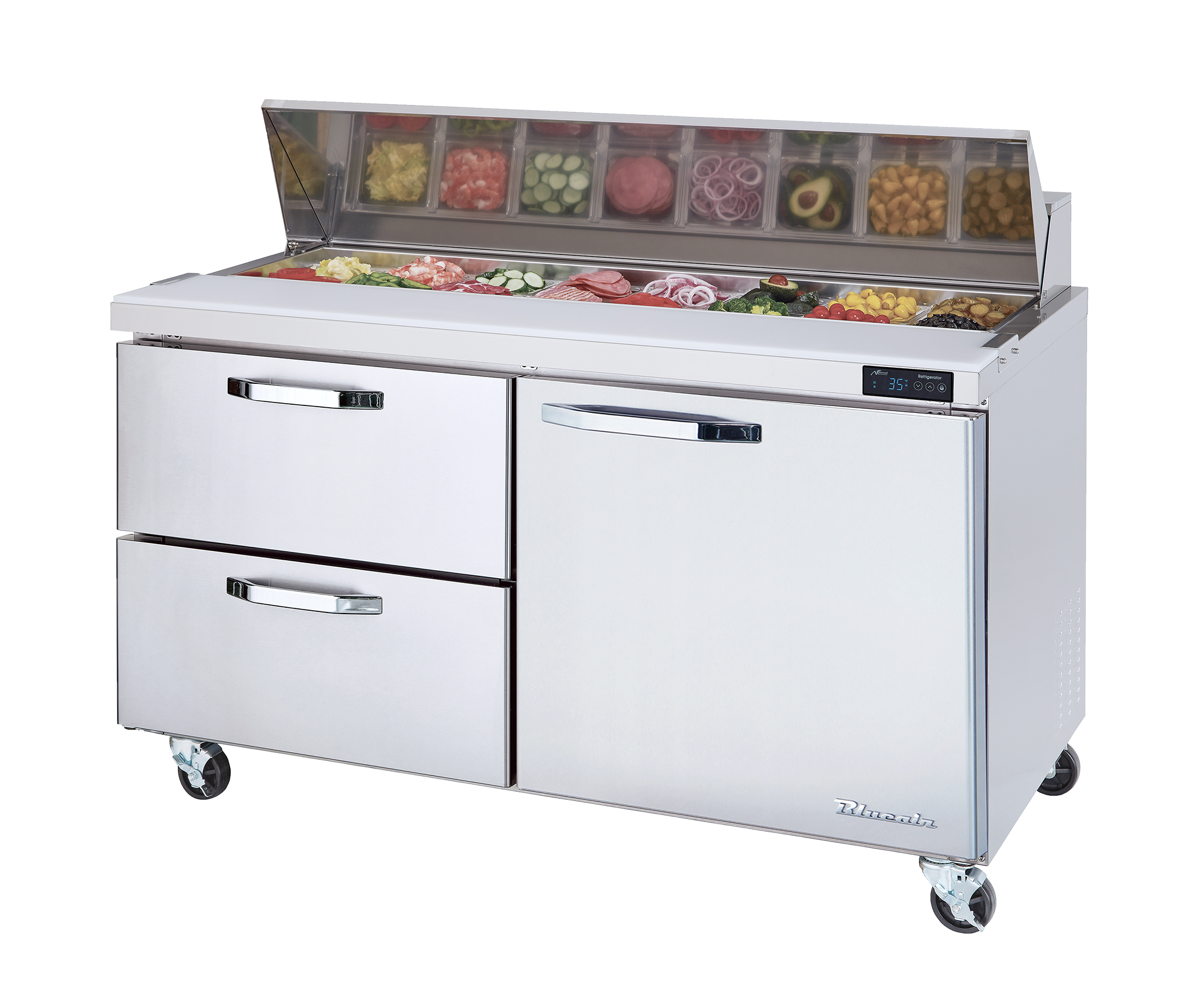 Blue Air - BAPP67-D2L-HC, 2 Drawers 1 Door (R) All Stainless Pizza Prep.Table, 67" wide, 20.2 cu/ft. - (9) 1/3 Pans - By Others. R-290 Refrigerant
