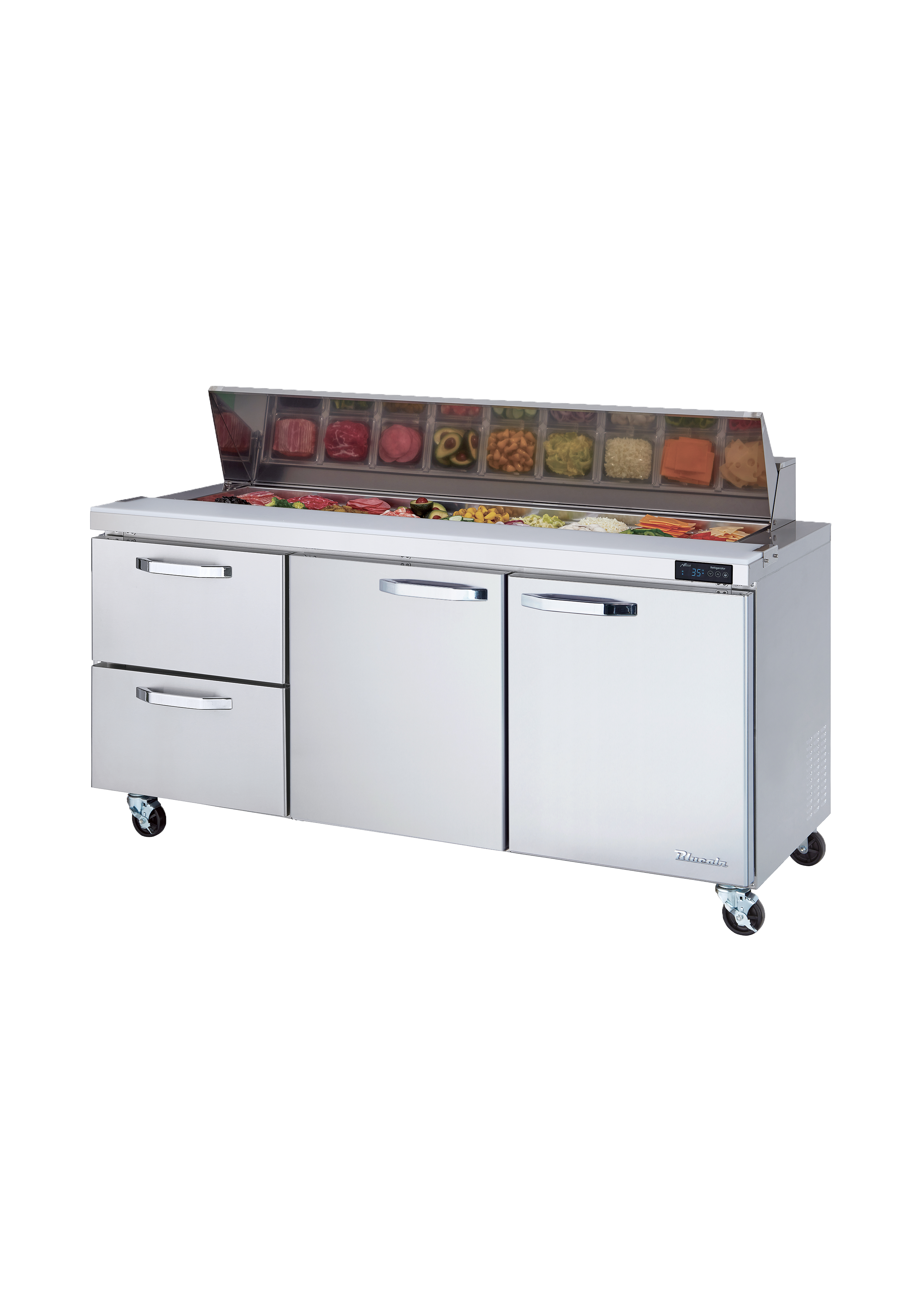 Blue Air - BLPT72-D2L-HC, 2 Drawers 2 Doors (M, R) All Stainless Prep. Table with (18) 1/6 Pans - 72" wide, 20 cu/ft., R-290 Refrigerant