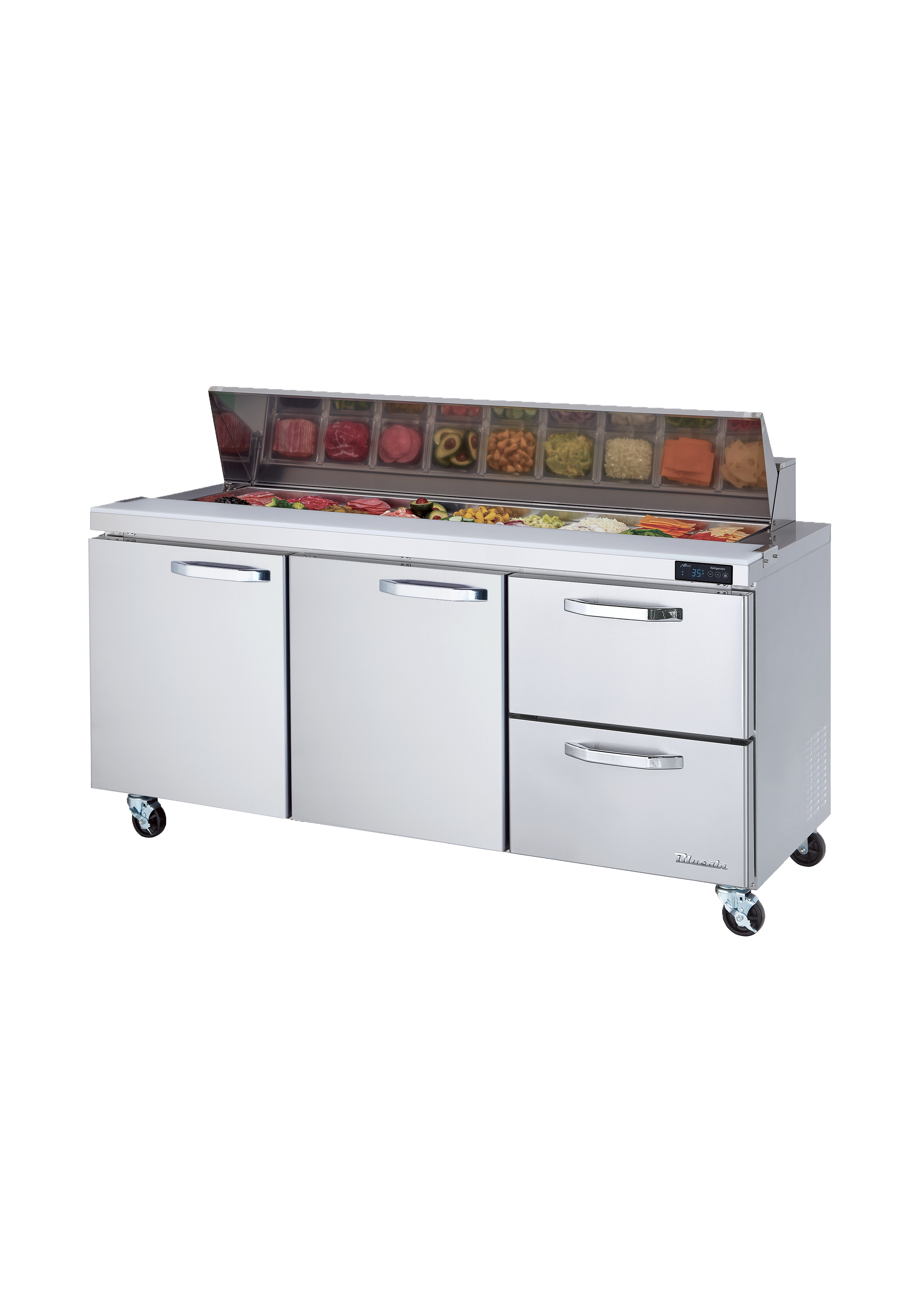 Blue Air - BLPT72-D2R-HC, 2 Drawers 2 Doors (L, M) All Stainless Prep. Table with (18) 1/6 Pans - 72" wide, 20 cu/ft., R-290 Refrigerant