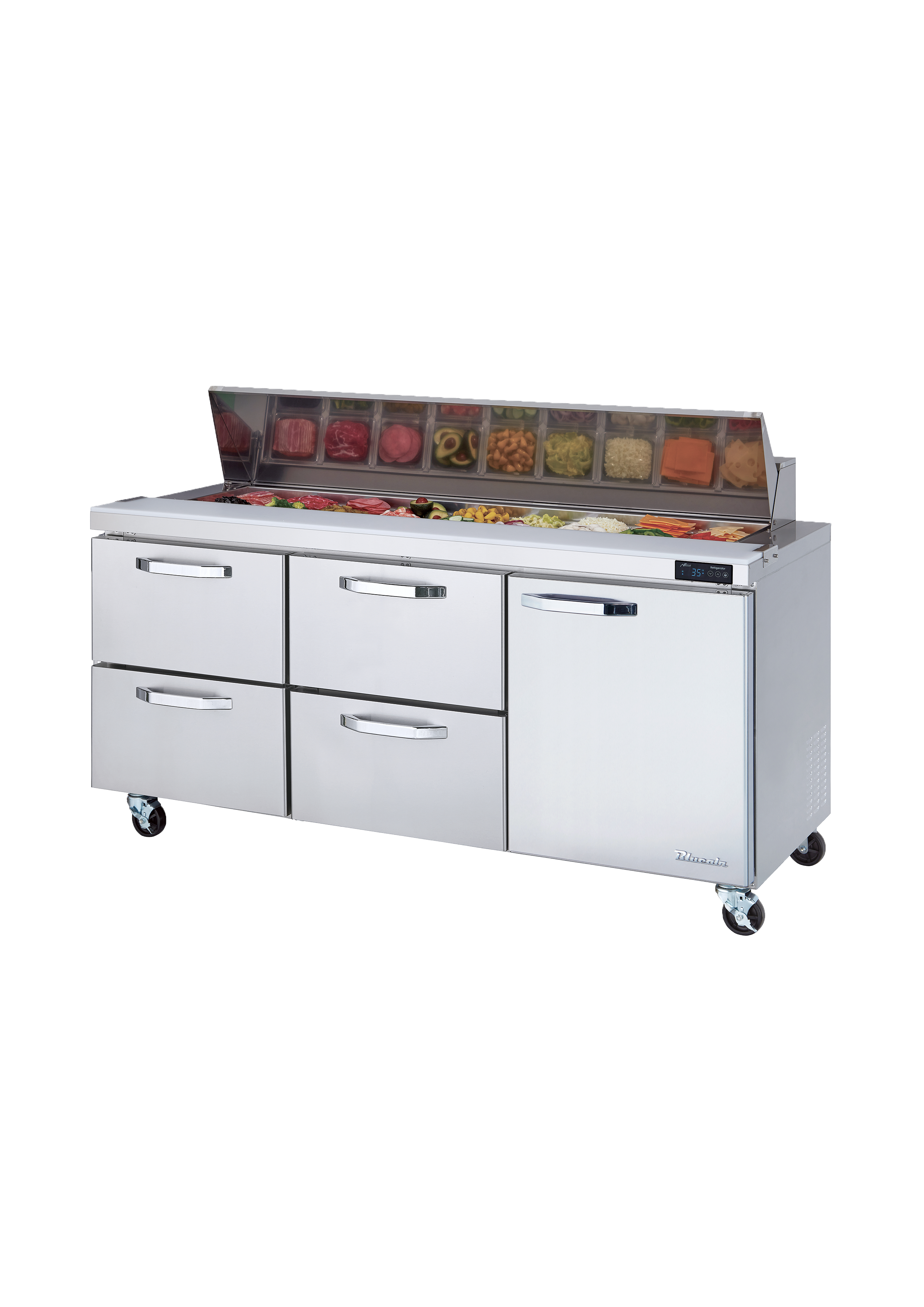 Blue Air - BLPT72-D4LM-HC, 4 Drawers 1 Door (R) All Stainless Prep. Table with (18) 1/6 Pans - 72" wide, 20 cu/ft., R-290 Refrigerant