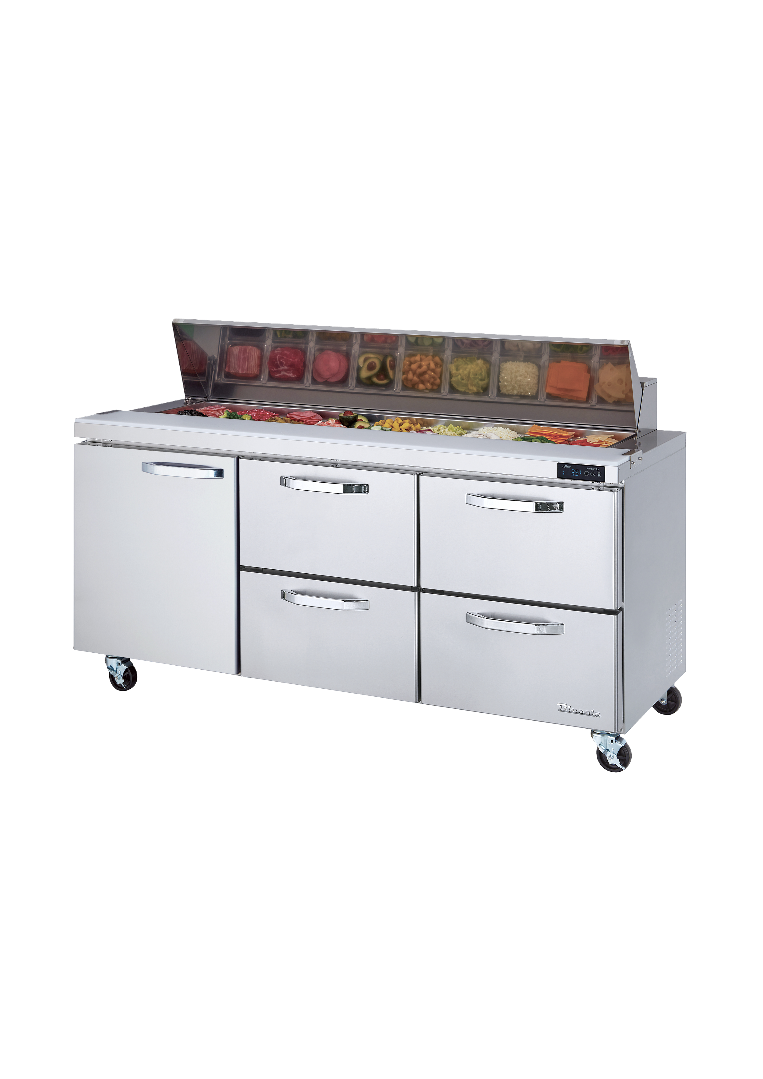 Blue Air - BLPT72-D4RM-HC, 4 Drawers 1 Door (L) All Stainless Prep. Table with (18) 1/6 Pans - 72" wide, 20 cu/ft., R-290 Refrigerant