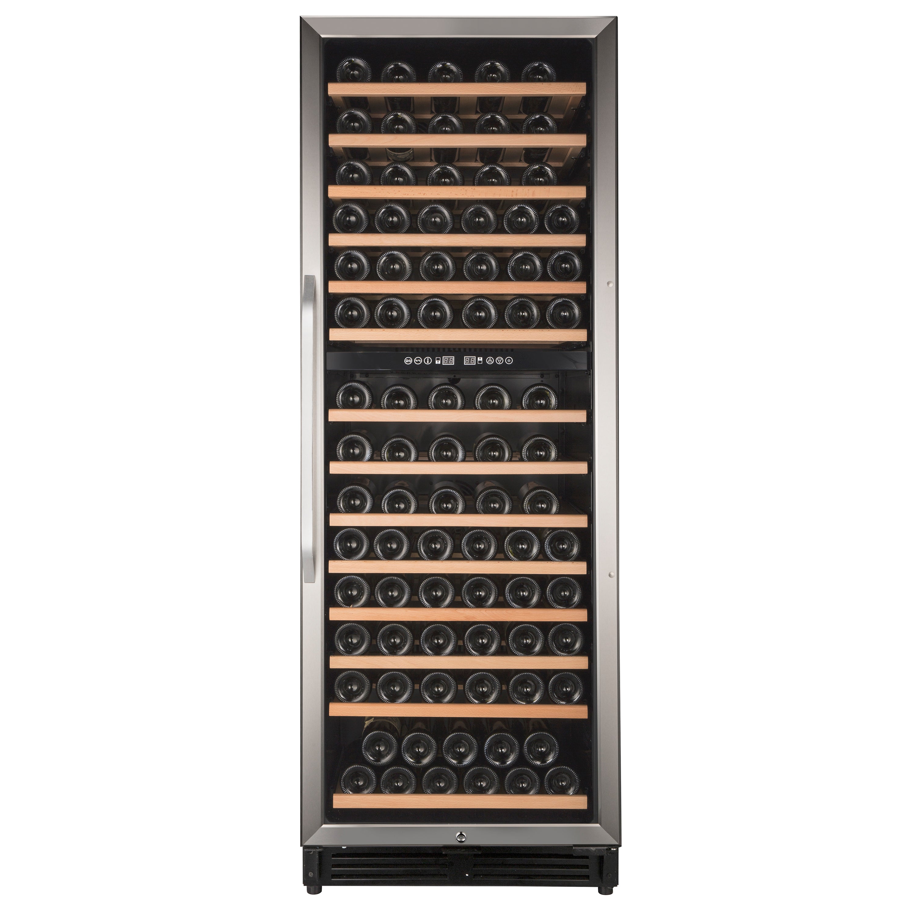 Avanti - WCF148DE3S, Avanti Dual-Zone Wine Cooler, 148 Bottle Capacity, in Stainless Steel with Wood Accent Shelving