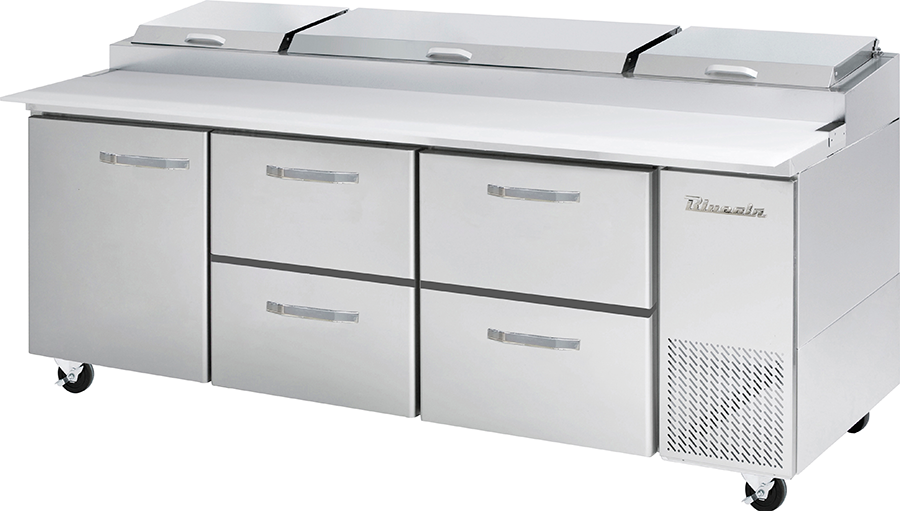 Blue Air - BAPP93-D4RM-HC, 4 Drawers 1 Door (L) All Stainless Pizza Prep.Table, 93-3/8" wide, 30.8 cu/ft. - (12) 1/3 Pans - By Others, R-290 Refrigerant