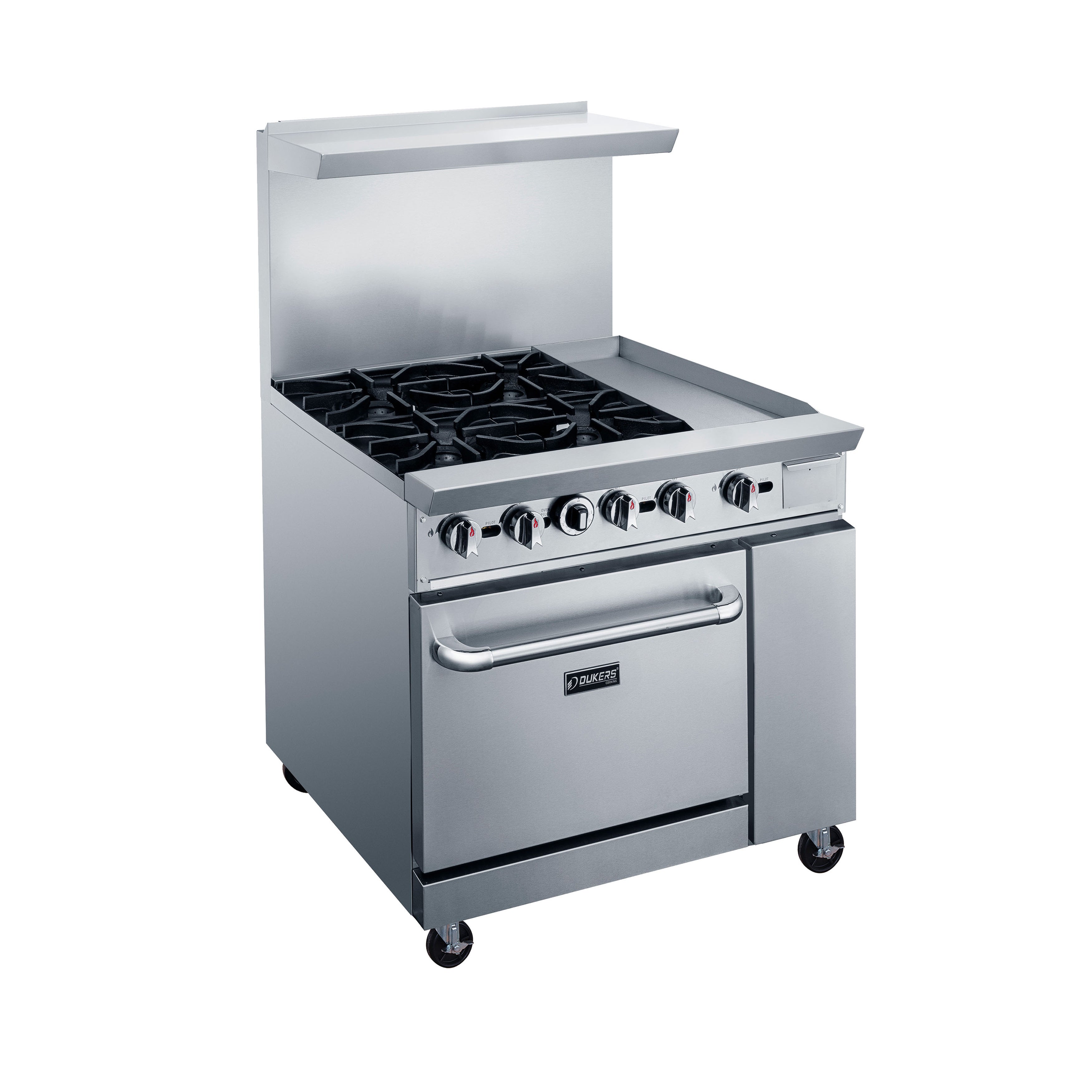 Dukers - DCR36-4B12GM, Commercial 36" Oven Range Four Open Burners with 12" Griddle Natural Gas