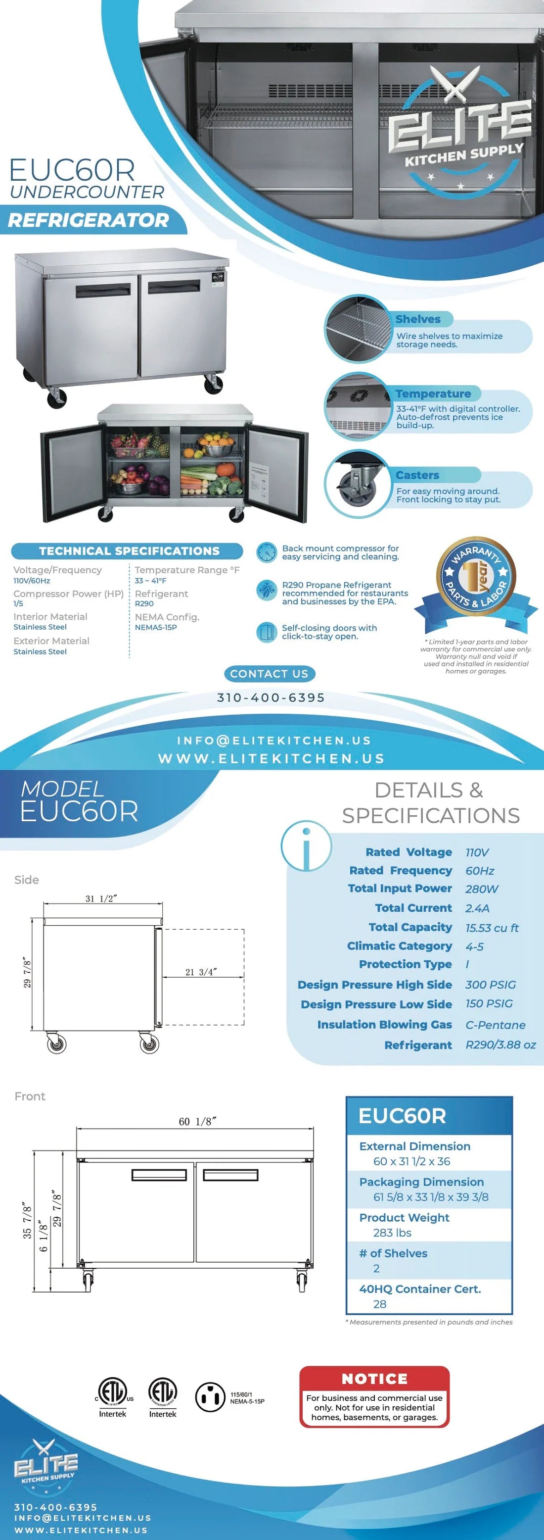 EUC60R 2-Door Undercounter Commercial Refrigerator
