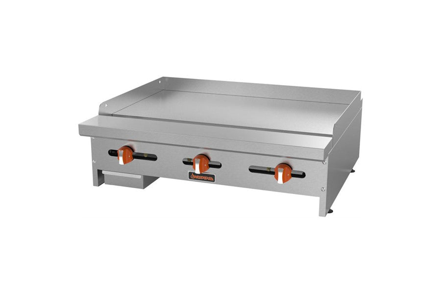 Sierra - SRMG-36, 36” Manual Griddles, 3/4” thick steel griddle plate, (2)“U” shaped burners, manual controls, s/s exterior, galvanized back, 4“ grease trough