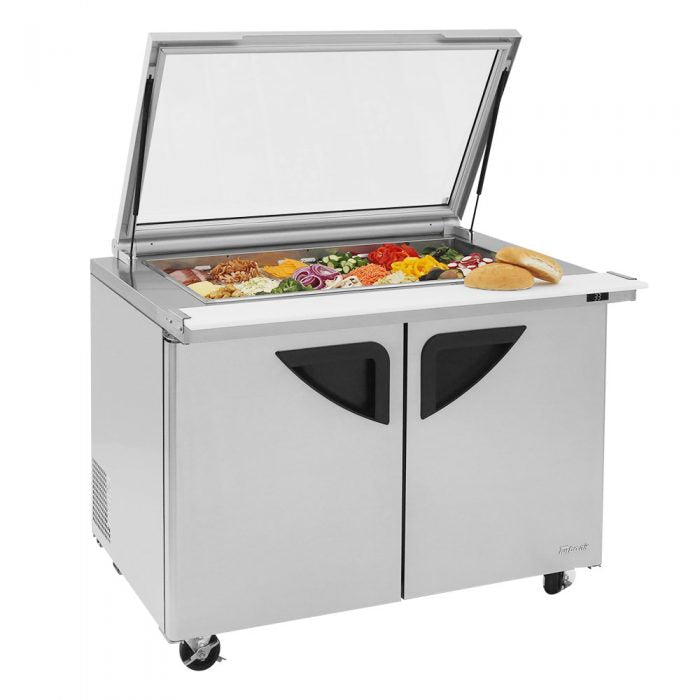 Turbo Air - TST-48SD-18-N-GL, Commercial Super Deluxe Sandwich/Salad Mega Top Unit with Glass Lid, two-section